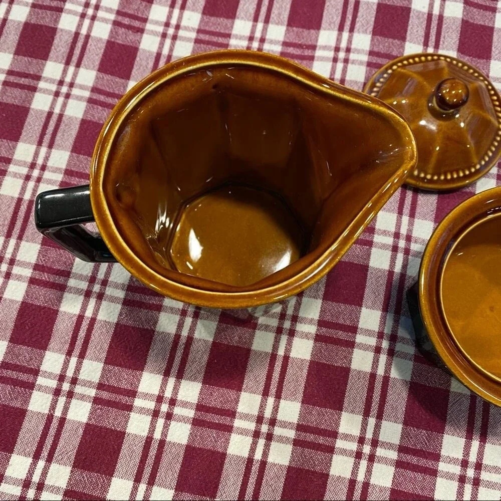 VTG Sears Octagon Amber‎ 3-Piece Set Pitcher, Lidded Sugar Bowl Pattern 4567 USA
